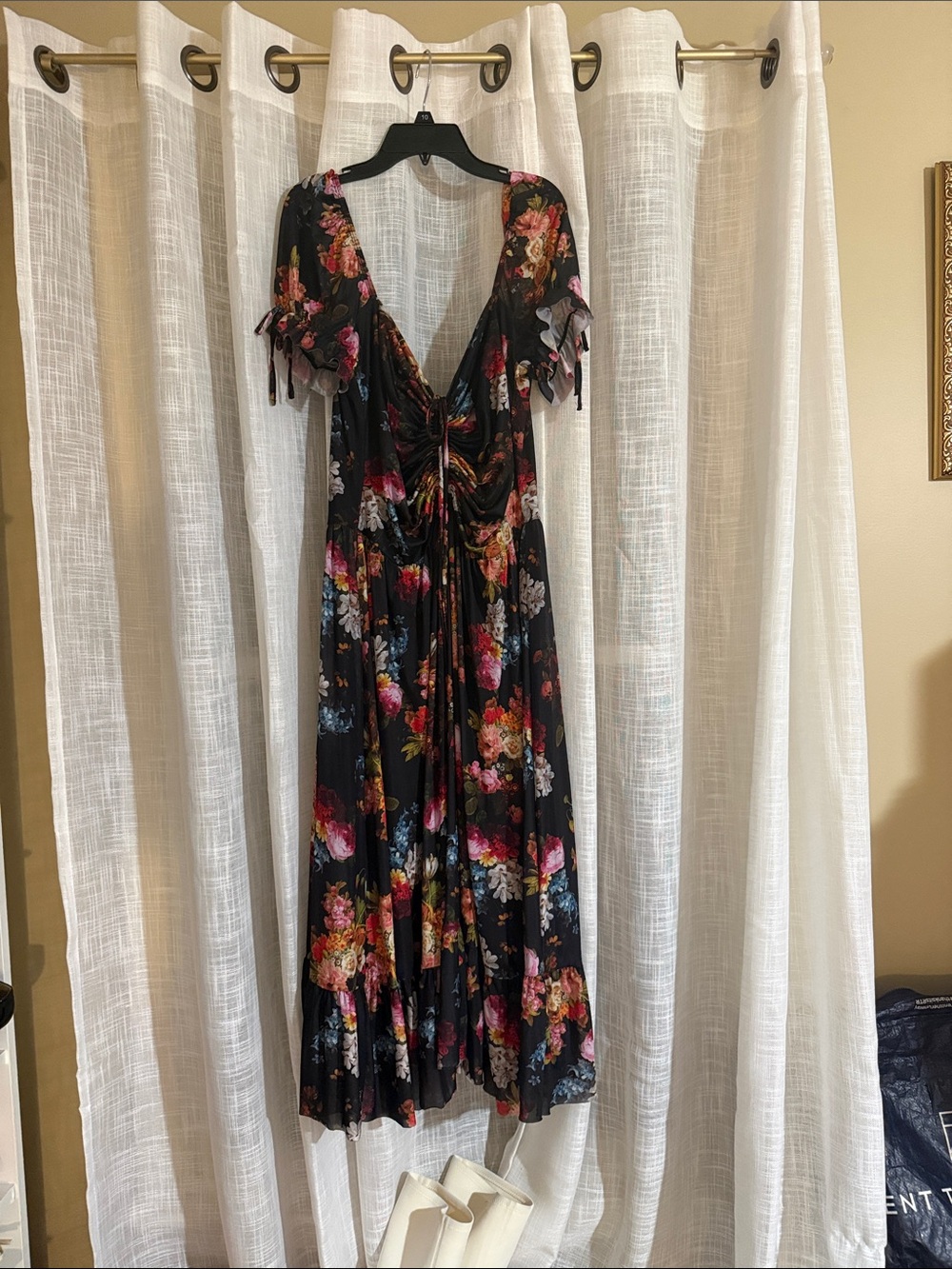 Blackmilk Black Floral Midi Dress with Pink, Red & Blue Blooms